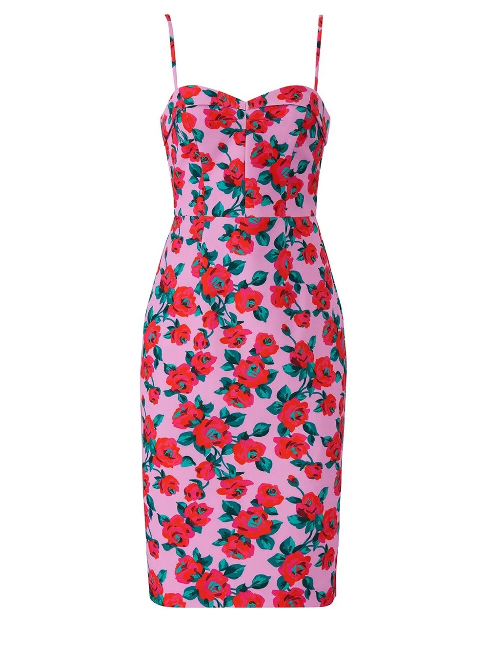Black Halo Clover Sheath Pink Midi Dress with Red Floral Print